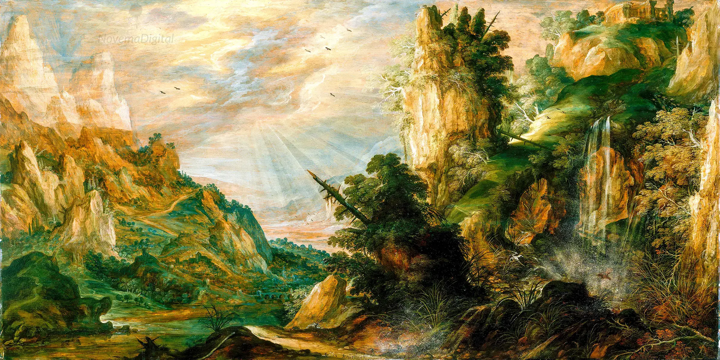 Kerstiaen de Keuninck - A Mountainous Landscape with a Waterfall