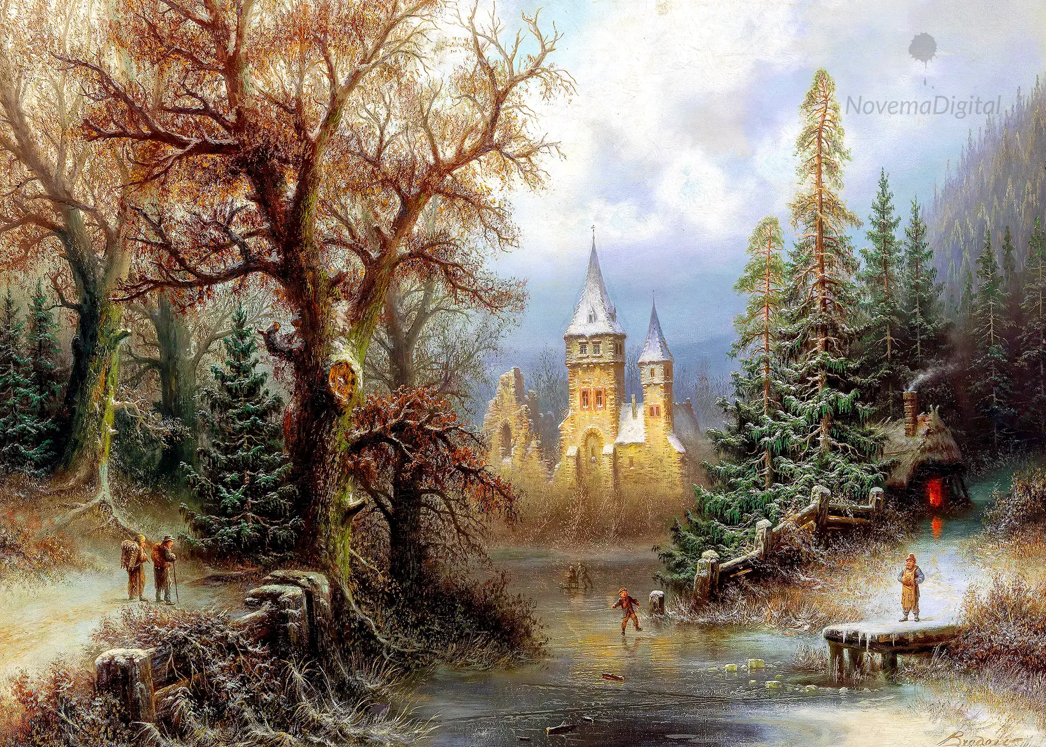 Albert Bredow - Romantic Winter Landscape with Ice Skaters by a Castle