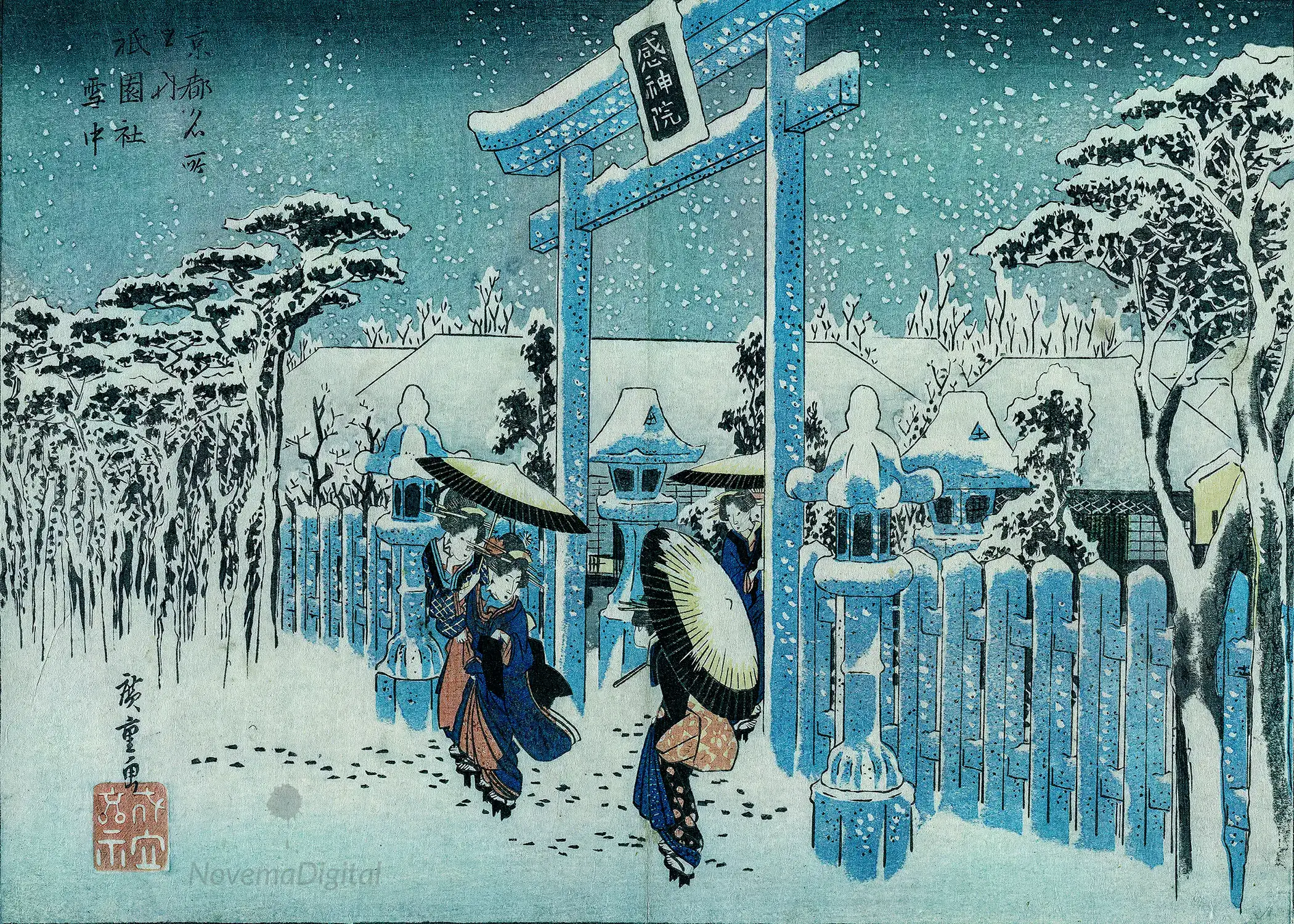 Utagawa Hiroshige - Snow at the Gion Shrine
