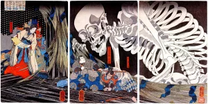Utagawa Kuniyoshi - Princess Takiyasha Summons a Skeleton Spectre to Frighten Mitsukuni (1844)