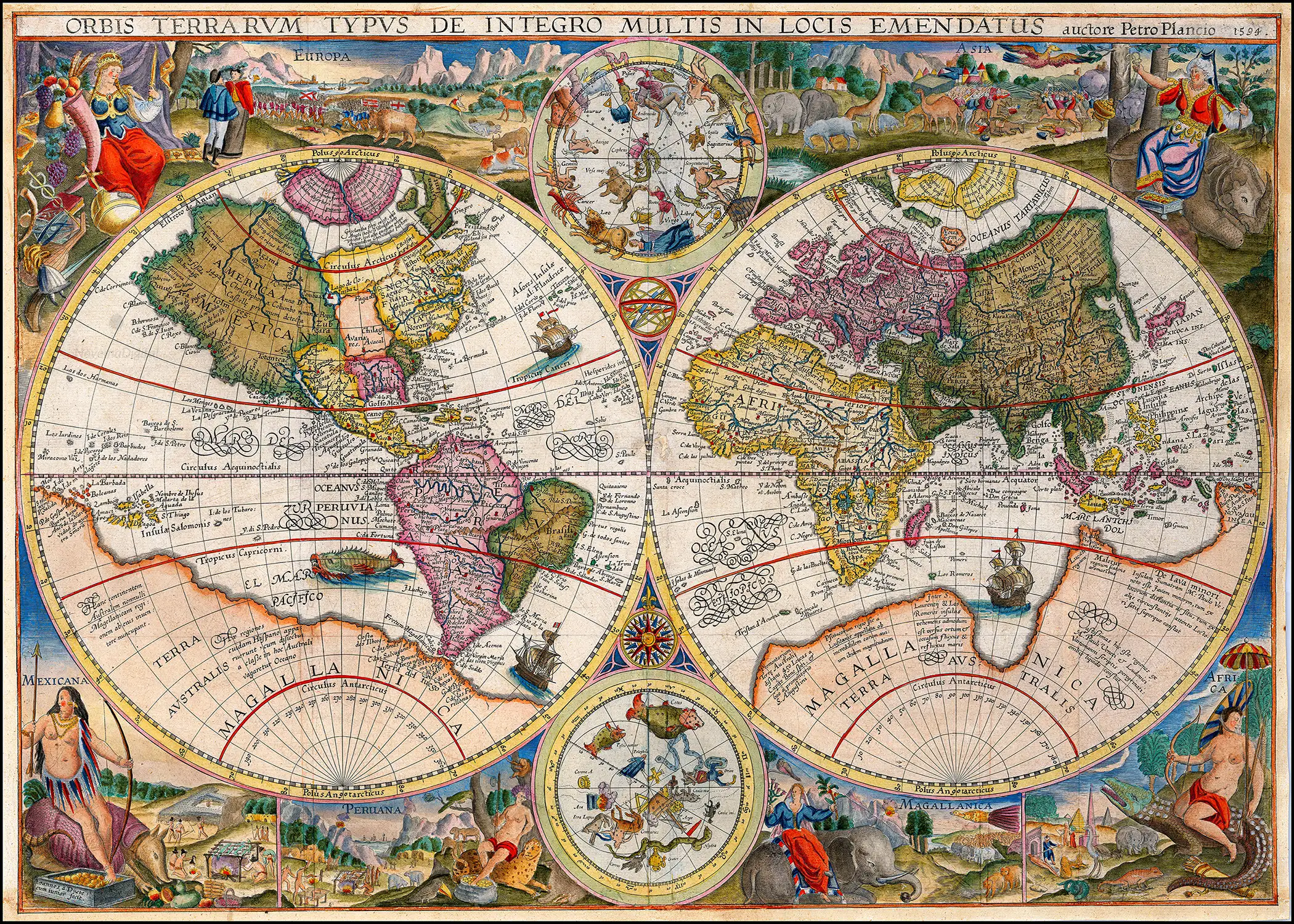 Petrus Plancius - Double Hemisphere World Map (1594)