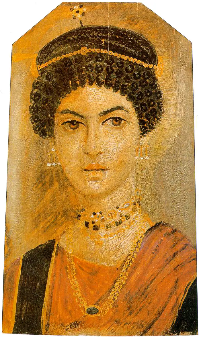 Fayum mummy portrait of a woman from Roman Egypt with a ringlet hairstyle. Royal Museum of Scotland