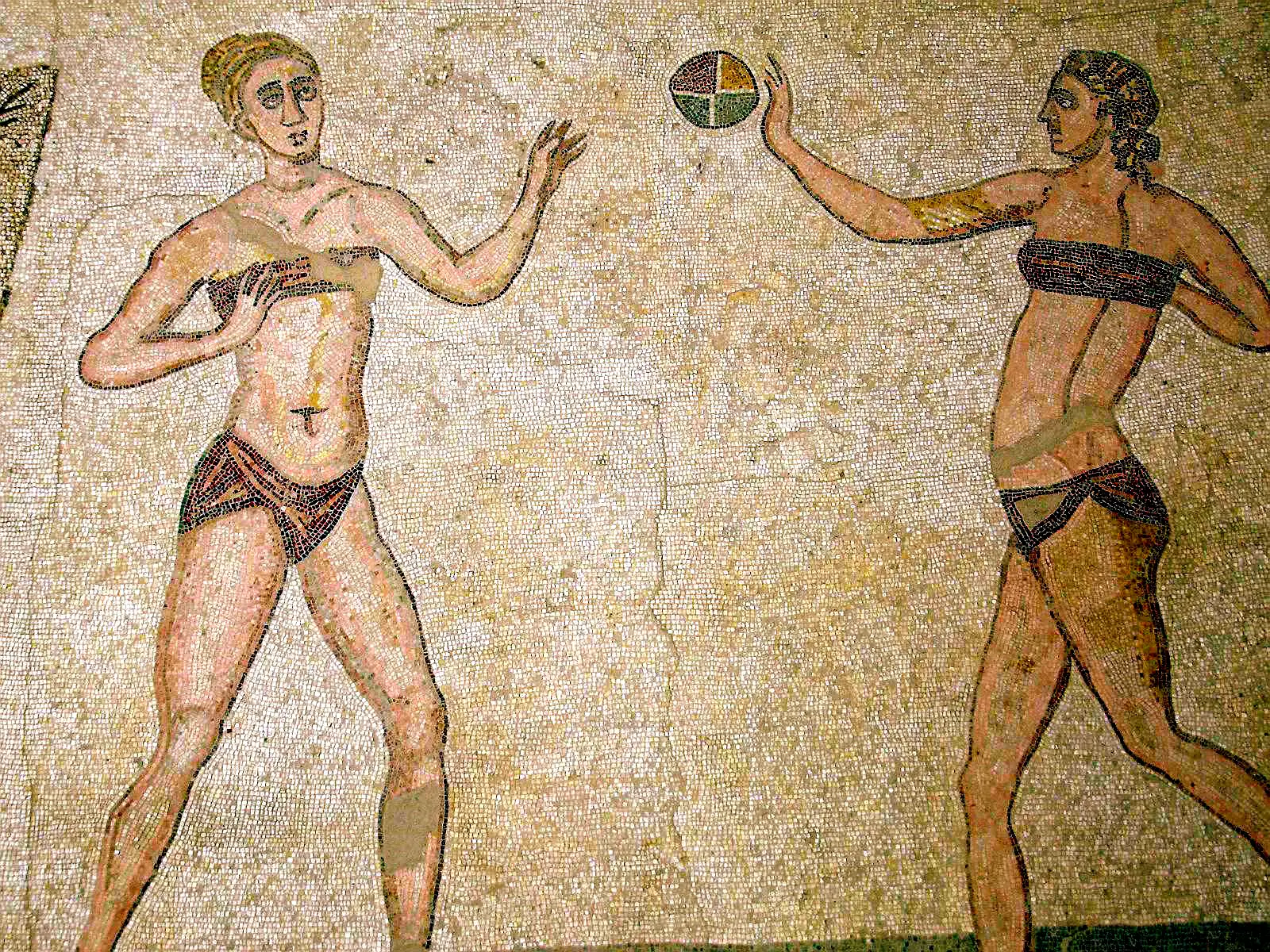 Roman mosaic of female athletes playing ball at the Villa Romana del Casale of Piazza Armerina Roman Sicily 4th century A.D