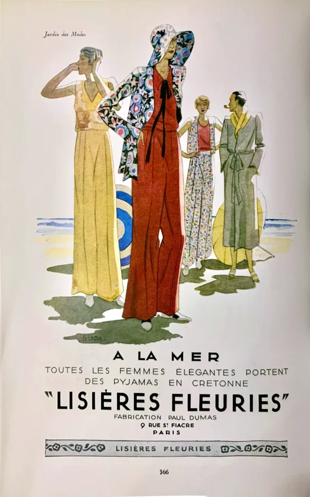 Le Jardin des Modes - Advertisement for pyjamas in Lisières Fleuries fabric (1930)