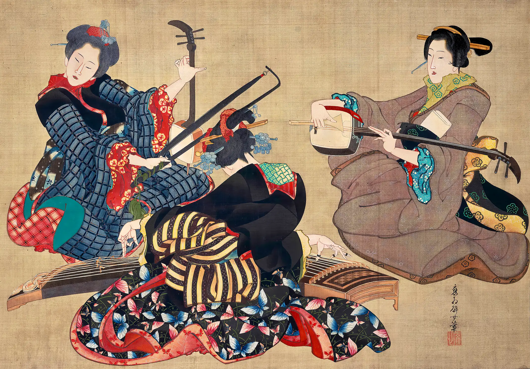 Katsushika Ōi - Three Women Playing Musical Instruments (1818-1844)