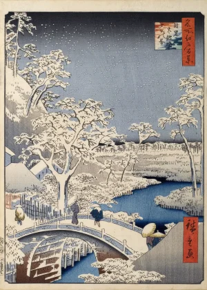 Utagawa Hiroshige - Meguro Drum Bridge and Sunset Hill (1857)
