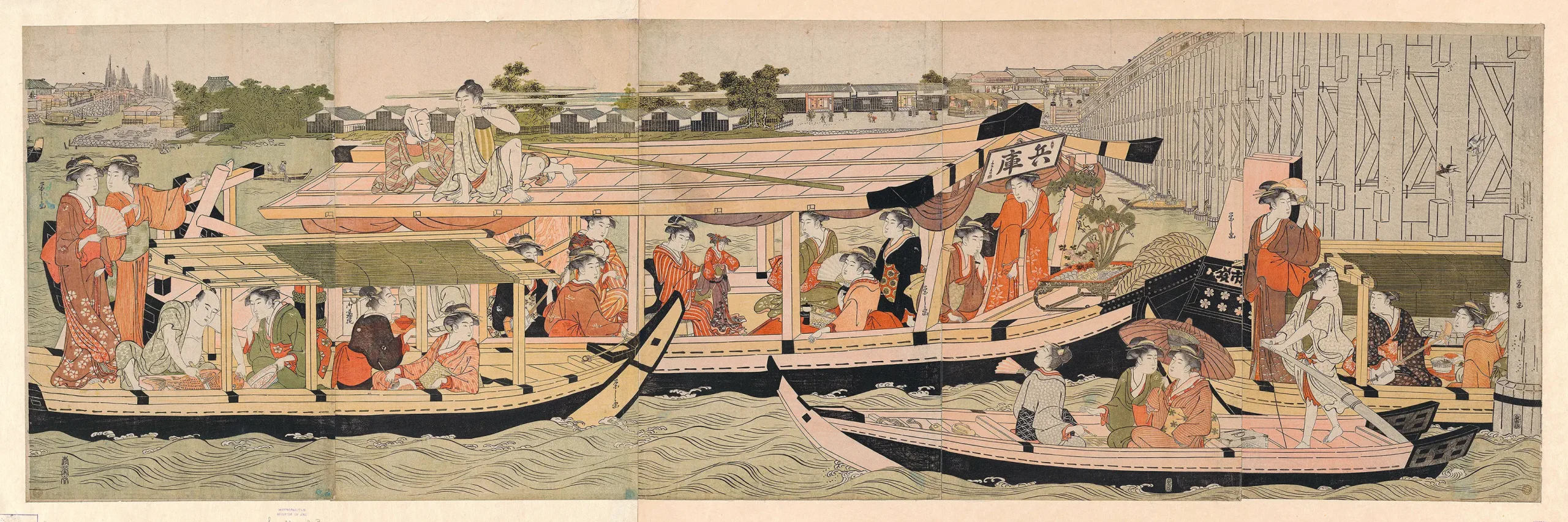 Chōbunsai Eishi - Pleasure Boats on the Sumida River beneath Shin-Ōhashi Bridge (1792)