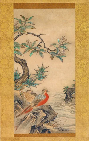 Kano Shōei - Pheasants among Trees; Flowers of the Four Seasons (c.1560s)