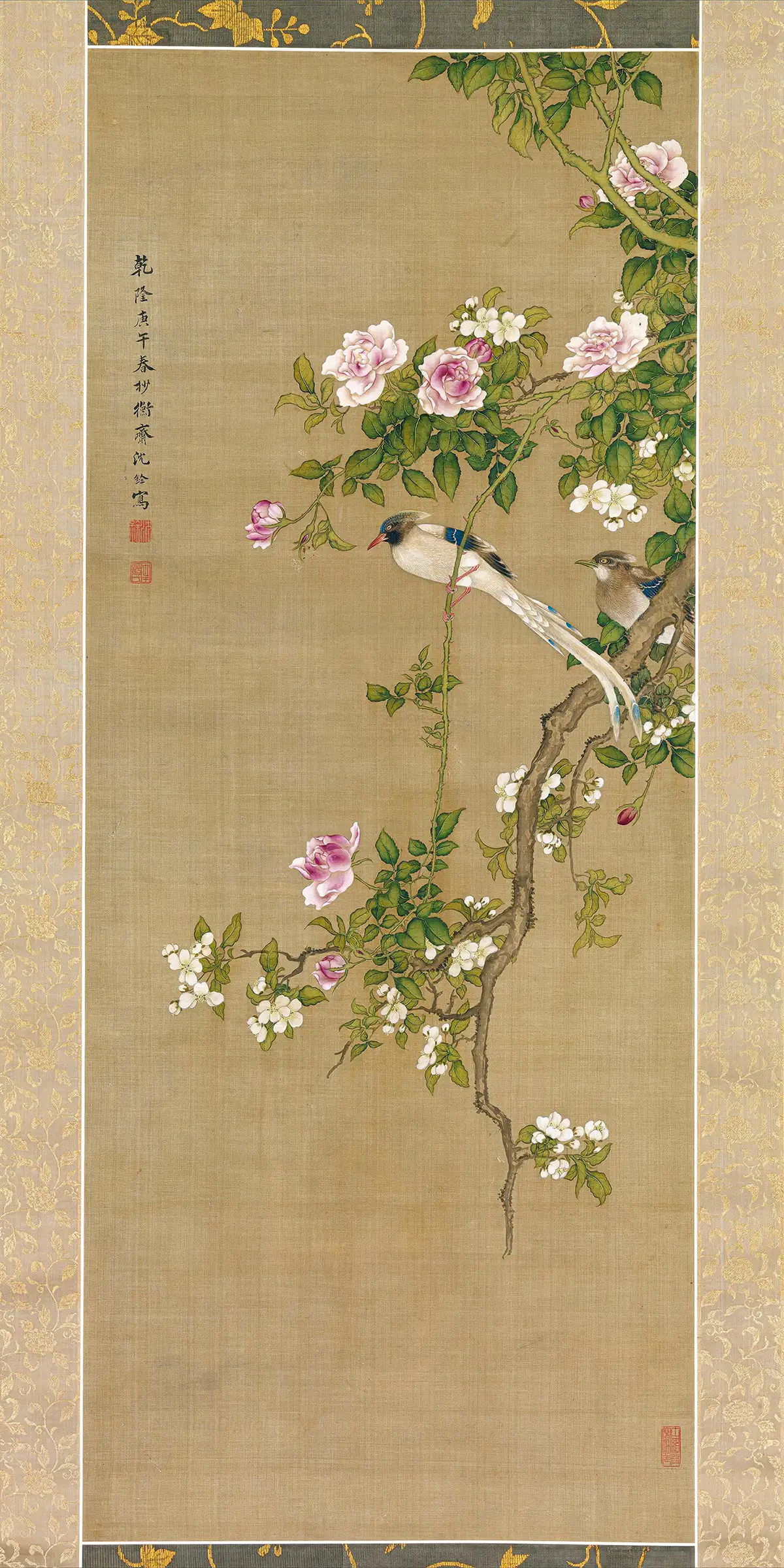 Shen Quan - Crabapple, China Rose and Indian Flycatcher (1750)
