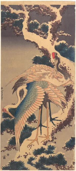 Katsushika Hokusai - Cranes on Branch of Snow-Covered Pine (1820s)